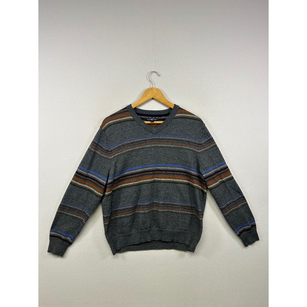 Club Room Preppy‎ Academic Mens XL Gray Striped Merino Wool Blend V-Neck Sweater
